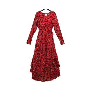 Cabi Siren Wrap Dress Womens Sz M Red Black Leopard Print Layered Business